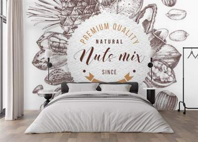 Vector background with round label and type design over hand drawn nuts Wall mural