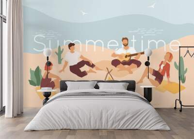 Group of young abstract people sitting on the beach, playing guitar and relax. Dog sleeping near campfire. Outdoor scene with sea, waves, birds silhouette. Summer vacation, weekend in the country.  Wall mural