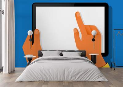 Hands holding and point on digital tablet Two hands and blank screen. Isolated on blue background. Vector illustration Wall mural