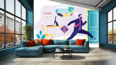 Happy businessman runs away from office. Male employee dreams of vacation. Beginning of holidays, man thinks about beach and relaxation. Open door from office room Wall mural