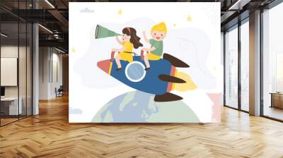 Happy cute kids boy and girl ride rocket. Spaceship launch successful for education concept and study. growing learning. Schoolgirl use spyglass for looking right way, vision. Wall mural