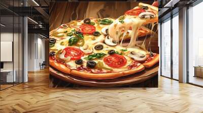 Hot pizza with salami and basil on the table with ingredients. Top view. Wall mural