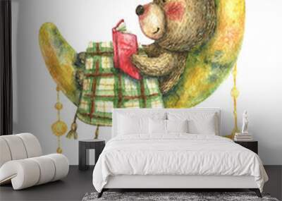 Illustration of a cute watercolor brown bear lying on the moon covered with a blanket and reading a book Wall mural