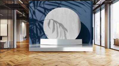 Minimal abstract blue and white background for eco cosmetic product presentation. Cylindrical white and silver scenes. Premium podium with a shadow of tropical palm leaves. Empty showcase. Wall mural