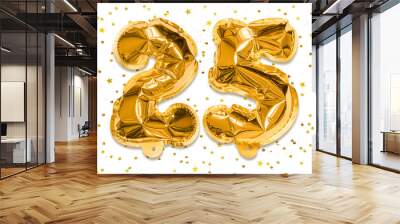 The number of the balloon made of golden foil, the number twenty five on a white background with sequins. Birthday greeting card with inscription 25. Celebration event, template. Wall mural