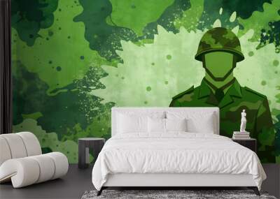 Military camo background featuring a soldier silhouette with a splash of green paint
 Wall mural