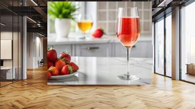 Prosecco glass, refreshing mood, filled with strawberries, bright kitchen background
 Wall mural