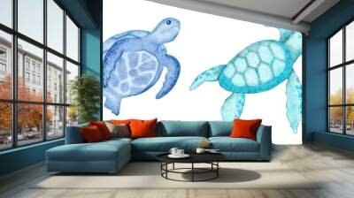 Watercolor illustration of turtle tortoise in blue turquoise purple colors, ocean sea underwater wildlife animals. Nautical summer beach design, coral reef life nature. Wall mural