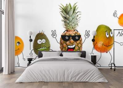 Organic fruits as comic figures 3, transparent background Wall mural