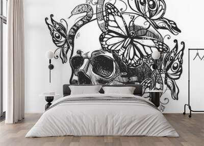 Skull with patterns, butterflys and snakes. Vector illustration in grunge style for tattoo or mexico event. Wall mural