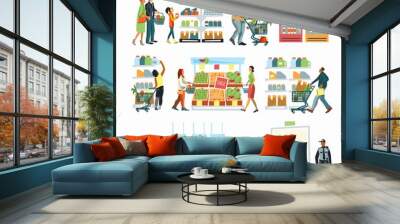 Supermarket interior. People shopping food. People stand in line at the cash register. A person in a wheelchair pays for a purchase. Retail store illustration with people in flat style. Wall mural