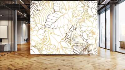 Luxury golden leaves vector wallpaper. Golden plant with flowers and leaves, on a white background. Vector illustration. Wall mural