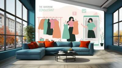 Mobile app with personal fashion stylist service. Woman talking with online wardrobe consultant. Female character choose stylish dress in storage. Wall mural