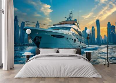 Modern cruise ship in the ocean against the backdrop of skyscrapers. A yacht for vacation and relaxation on the ocean. Wall mural