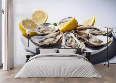 Oysters served on a white plate with ice and lemon, presented on an isolated white background. AI generated. Wall mural