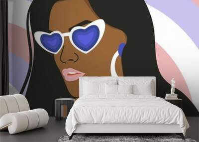 Portrait of Groovy Girl on geometric background. Female Retro character. Glamorous vector illustration Y2k. Wall mural