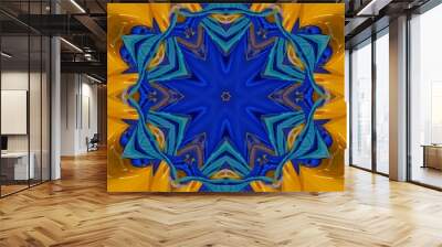 Round geometric star mandala kaleidoscope pattern glitch festive yellow and blue geometric floral creative design backdrop Wall mural