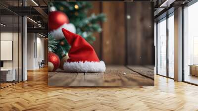 Santa Claus hat and tree decorations on rustic wood background. Winter holiday theme. AI generated. Wall mural