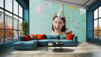 A female dog owner in a festive hat celebrates her dog's birthday together Wall mural