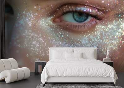 beauty portrait close-up face of a young woman with shiny eye shadow Wall mural