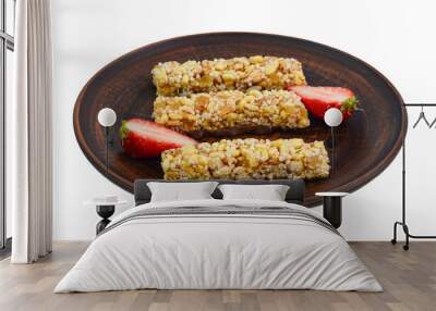 cereal bars with strawberry, healthy food, diet, a hearty breakfast, fitness nutrition and weight loss Wall mural