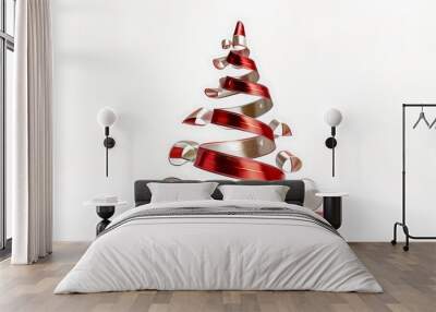 Christmas tree made of red festive ribbon isolated on a white background, holiday design element Wall mural