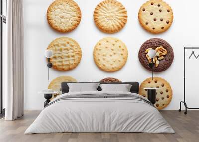 Collection of round cookie biscuit, classic and nut set isolated on white background Wall mural