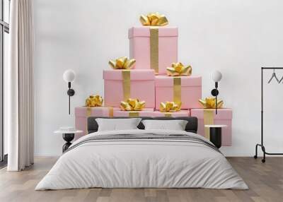 festive christmas or birthday gift box with golden bow isolated on white background Wall mural