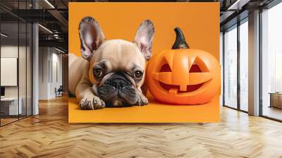 funny dog with pumpkin for halloween holiday isolated on orange background	 Wall mural