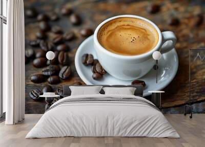 hot espresso and coffee bean on wooden table Wall mural