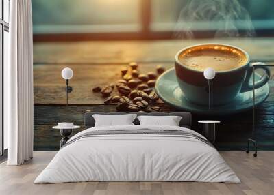 hot espresso and coffee bean on wooden table Wall mural