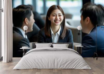 Smiling group of asian work colleagues talking together during a meeting in the lounge of a modern office Wall mural