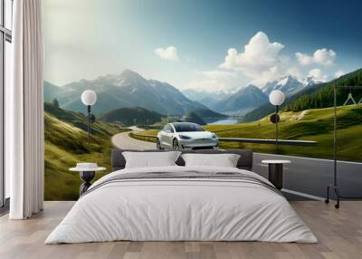 Super car driving on the road in highway motion on mountain background Wall mural