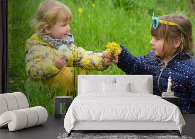 Two siblings play outdoors in nature. Happy childhood and active leisure with health benefits. Children sniffing the flowers. The concept of friendship. The concept of allergy to blooming Wall mural