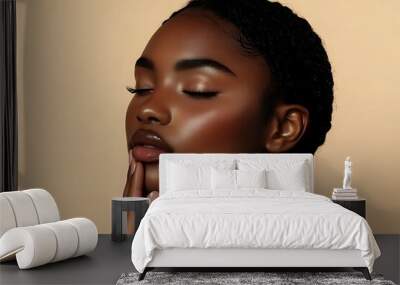 young black beauty woman with natural makeup touch her face and perfect skin isolated on beige background	
 Wall mural