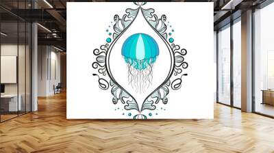 Single beautiful blue jellyfish in a frame. Victorian era, twisted frame. Composition blue. Isolated white background. Wall mural