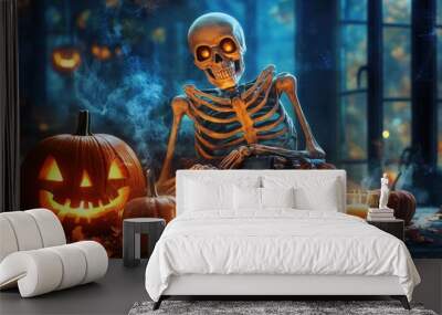 Skeleton halloween at night Wall mural