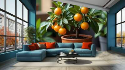 Small orange tree in a pot. Generated with AI. Wall mural