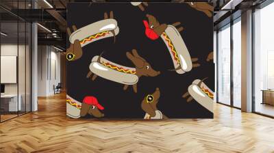 Funny dachshund dog in form of hot dog seamless pattern. Vector illustration. Wall mural