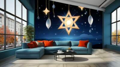 Star of David hanging in a mystical night sky with lights and reflections on water Wall mural