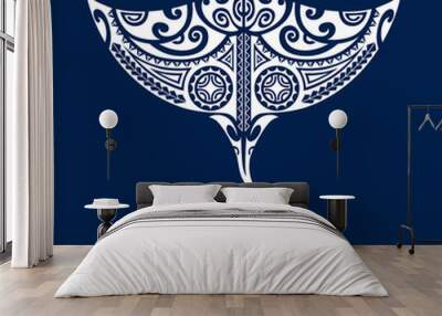 Manta ray illustration in Maori style. Ornament for divers. White on blue background.
 Wall mural