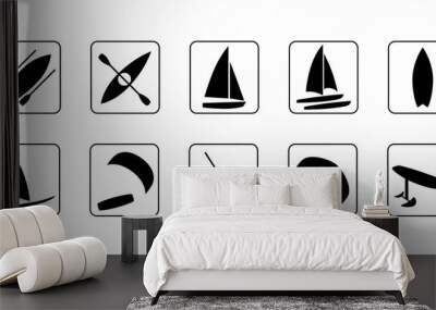 Watersports icons set. Surfing, kiteboarding, windsurfing, sailboat, catamaran, hydrofoil, kayaking, foil wing, boat and sup boarding. Extreme kinds of sports signs and symbols collection. Wall mural