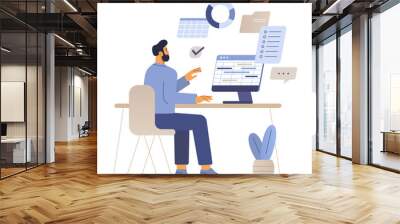 The manager works in the office. The analyst makes a plan at a computer with user interface windows. IT professional workflow concept. Vector illustration in flat design isolated on white. Wall mural