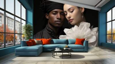 The national wedding of a beautiful young couple, a black man marries a white woman. Wall mural