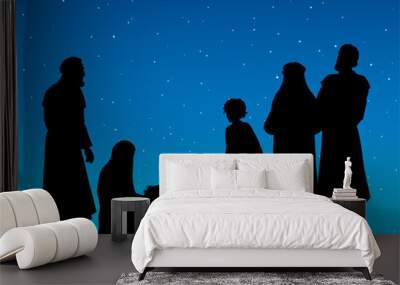 The shepherds came to bow to the newborn baby Jesus. Vector drawing Wall mural