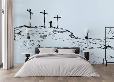 Three crosses stand on  light sky backdrop Wall mural