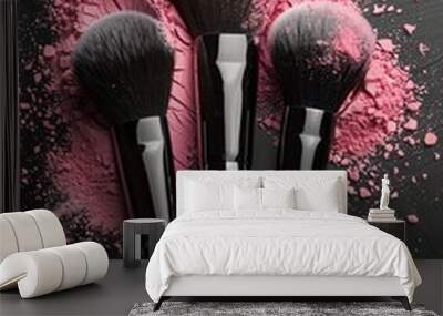 three make up brushes with flying color powder, product on black background. Concept of glamour make up Wall mural