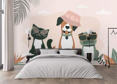 Travel pets, vacation, summer time. Relax dogs and cat on the sand beach. Happy animals with hat and glasses on exotic island. Wall mural