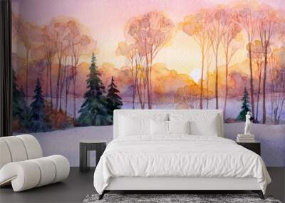 Trees in the winter forest. Watercolor landscape Wall mural