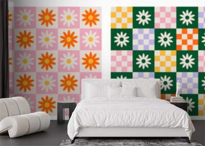 Trendy checkerboard seamless pattern set with daisy flowers. Collection of retro background in style 70s, 80s Wall mural